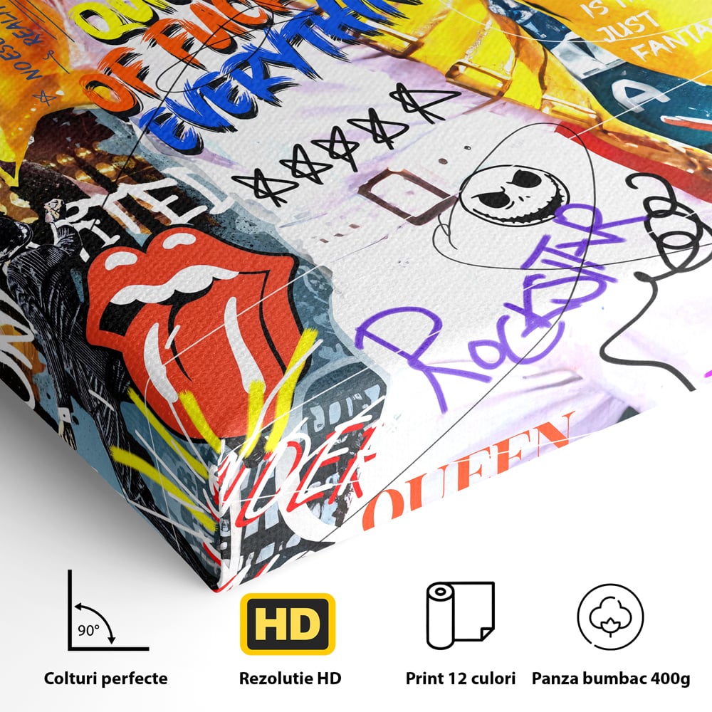 Detaliu al suprafetei: tablou canvas cu freddie mercury stil grafitti, fara rama, pe sasiu de lemn